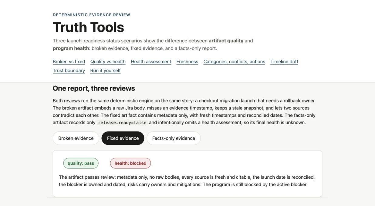 Truth Tools shows a quality pass while project health remains blocked